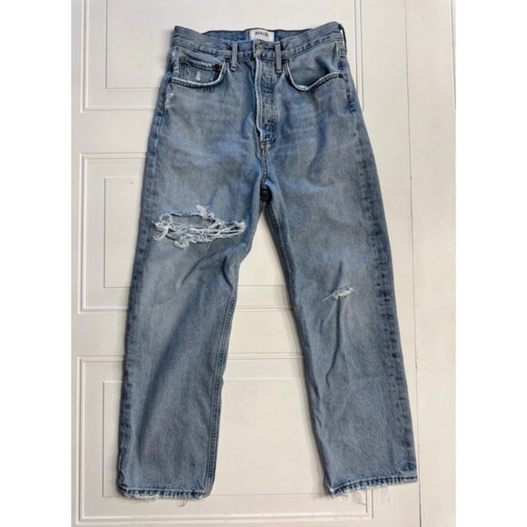 Agolde Denim - Agolde Jeans 25 Riley High Rise Straight Cropped Fray Medium Organic Button Fly